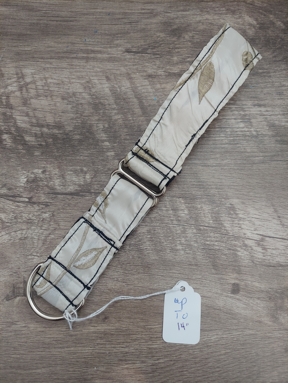 Custom Martingale Dog Collar 1.5" Embroidered Gold Tan Leaves Cream 14"